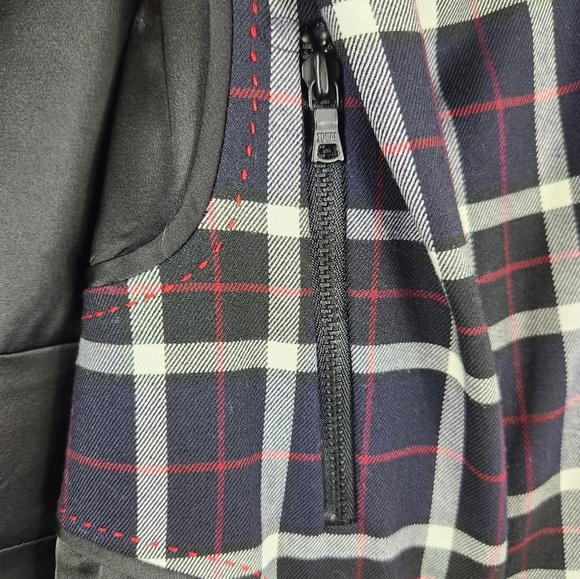 Alice + Olivia Savetta Plaid Windowpane Lamb Leather Elbows Blazer Navy Large - Picture 12 of 16